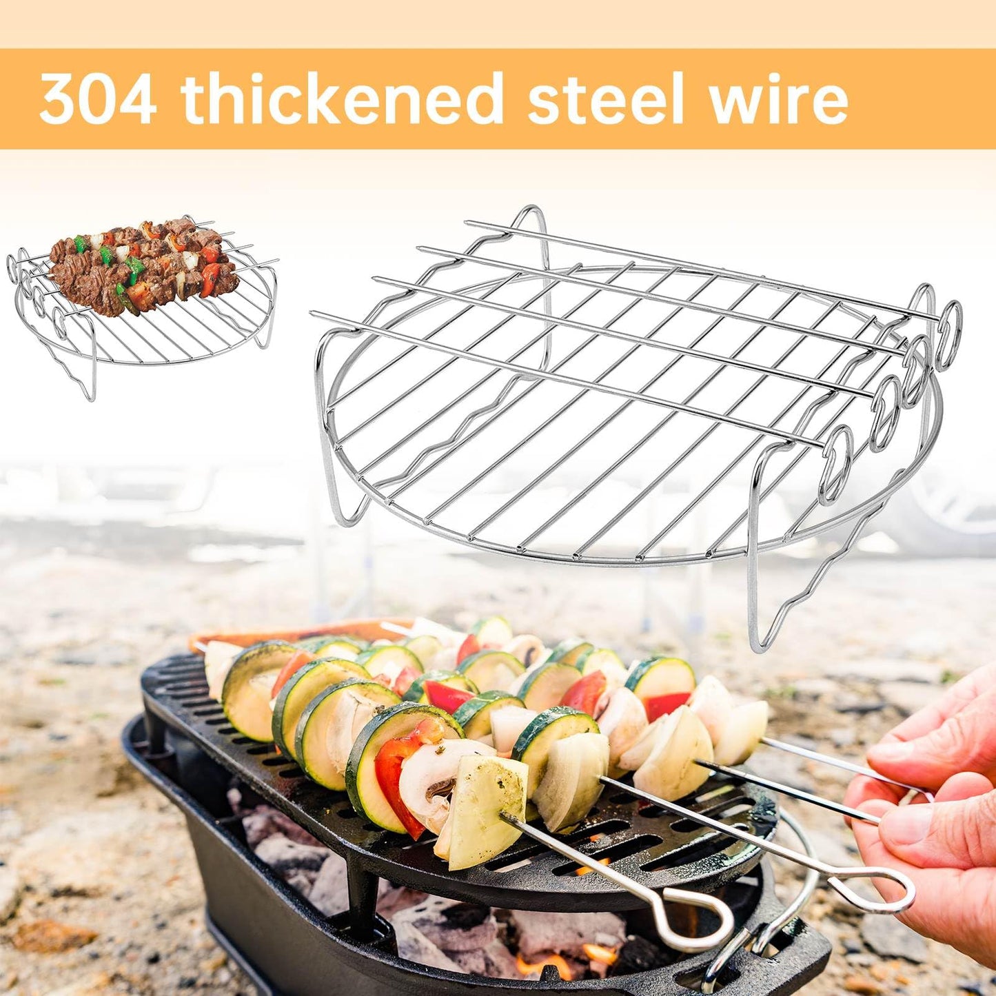 Air Fryer Racks Set 3Pcs, Stainless Steel Layer Racks Air Fryer Accessories, Multipurpose Double Layer Racks with Skewer Round Cooking Rack Toast Racks, Fits Most 2.5QT or Above Air Fryer