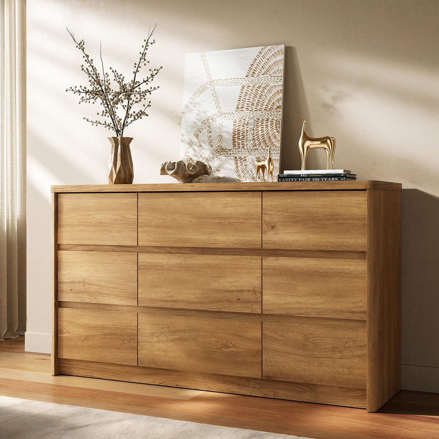 Now Mais 9 Drawer Dresser for Bedroom, Curved Edge Design Modern Dressers & Chest of Drawers, 55" Wide Nursery Dresser,9 Drawer Large Dresser for Bedroom Natural Oak