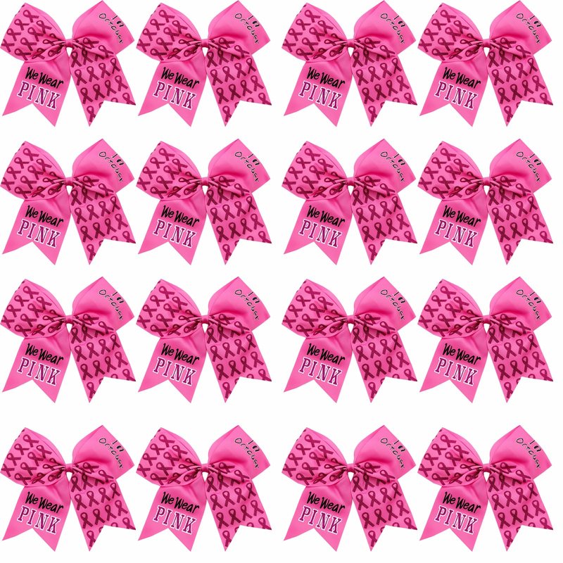 16 Pieces 7 Inch Breast Cancer Awareness Cheer Hair Bows Ponytail Holder Large Glitter Pink Ribbon Hair Bows Accessories Elastic Band Handmade for Teens Women