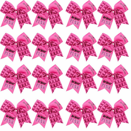 16 Pieces 7 Inch Breast Cancer Awareness Cheer Hair Bows Ponytail Holder Large Glitter Pink Ribbon Hair Bows Accessories Elastic Band Handmade for Teens Women