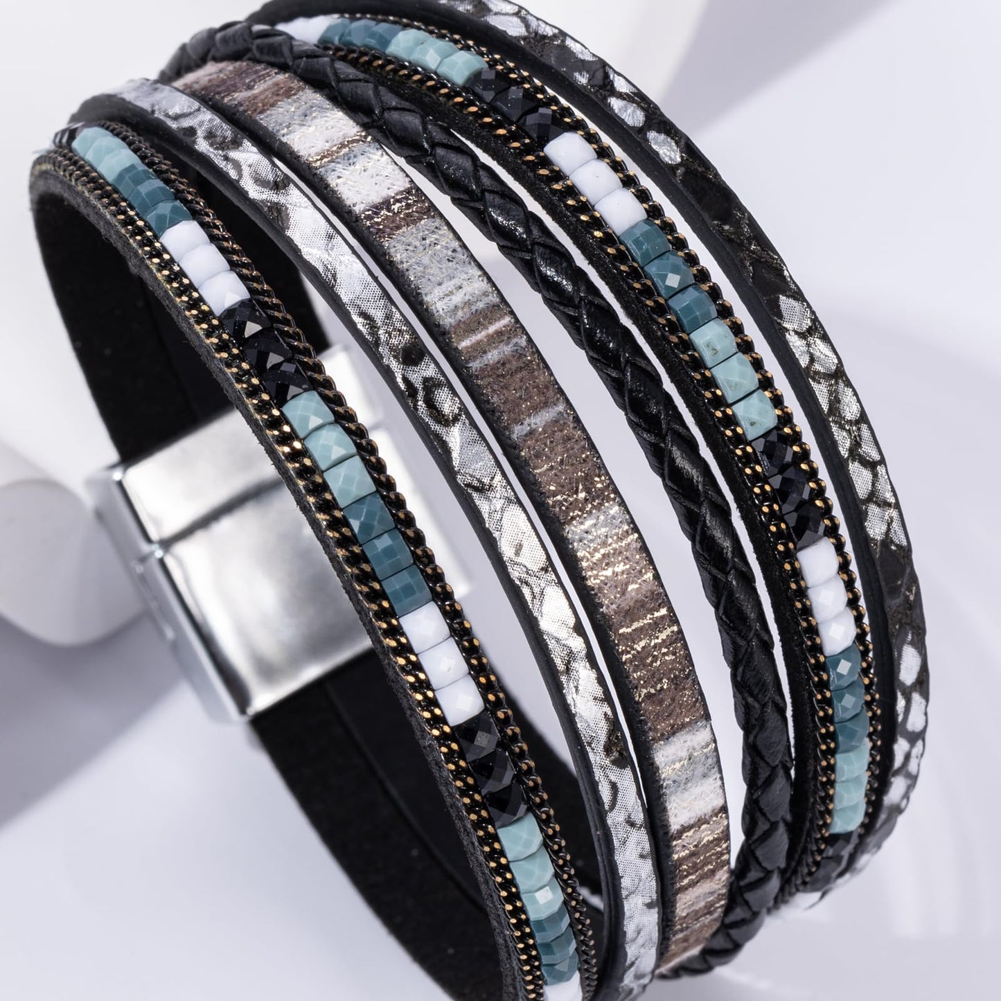 Becklynn Boho Leather Wrap Bracelets Beaded Crystal Stackable Cuff Bracelet with Magnetic Clasp Cowboy Cowgirl County Concert Outfits Western Jewelry Gifts for Women(Double Layer Black)