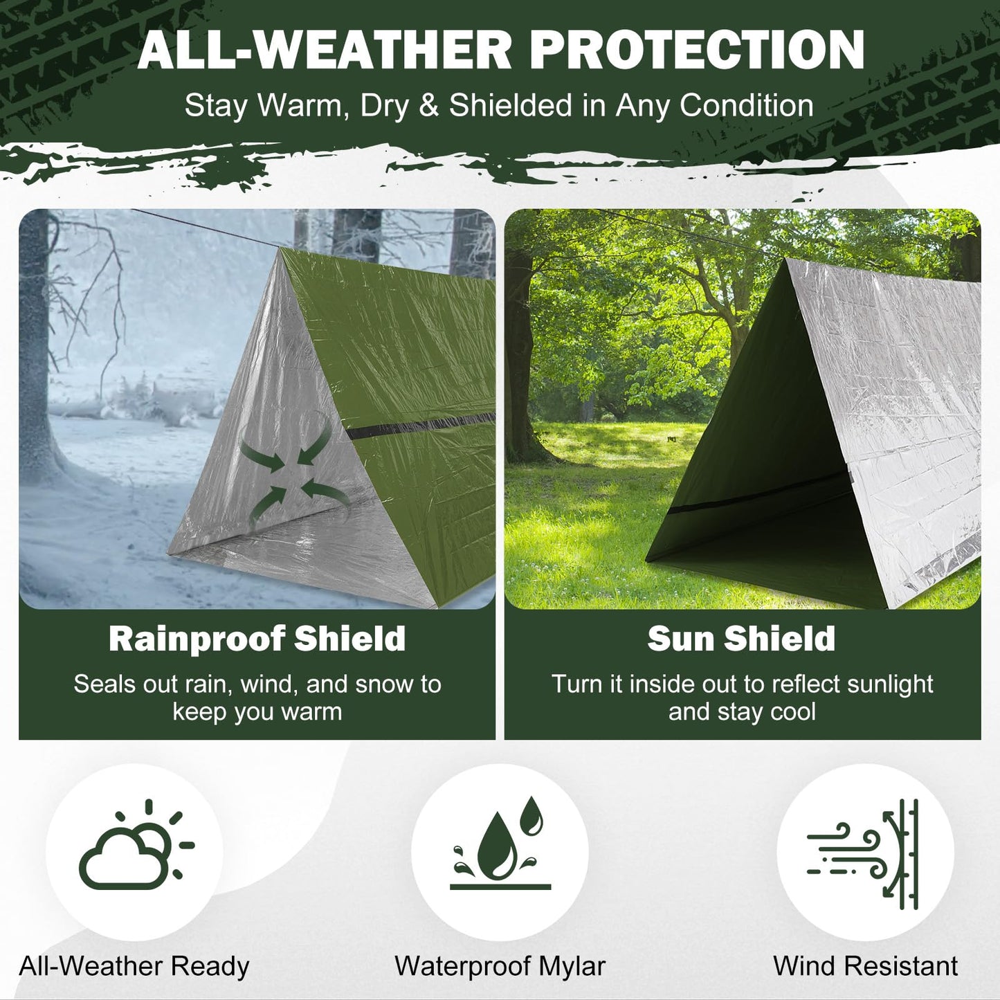 Life Emergency Tent Survival Shelter - 2 Person Mylar Waterproof Tube Tent with Survival Whistle & Paracord, All-Weather Essential Gear for Camping, Hiking & Survival Kits