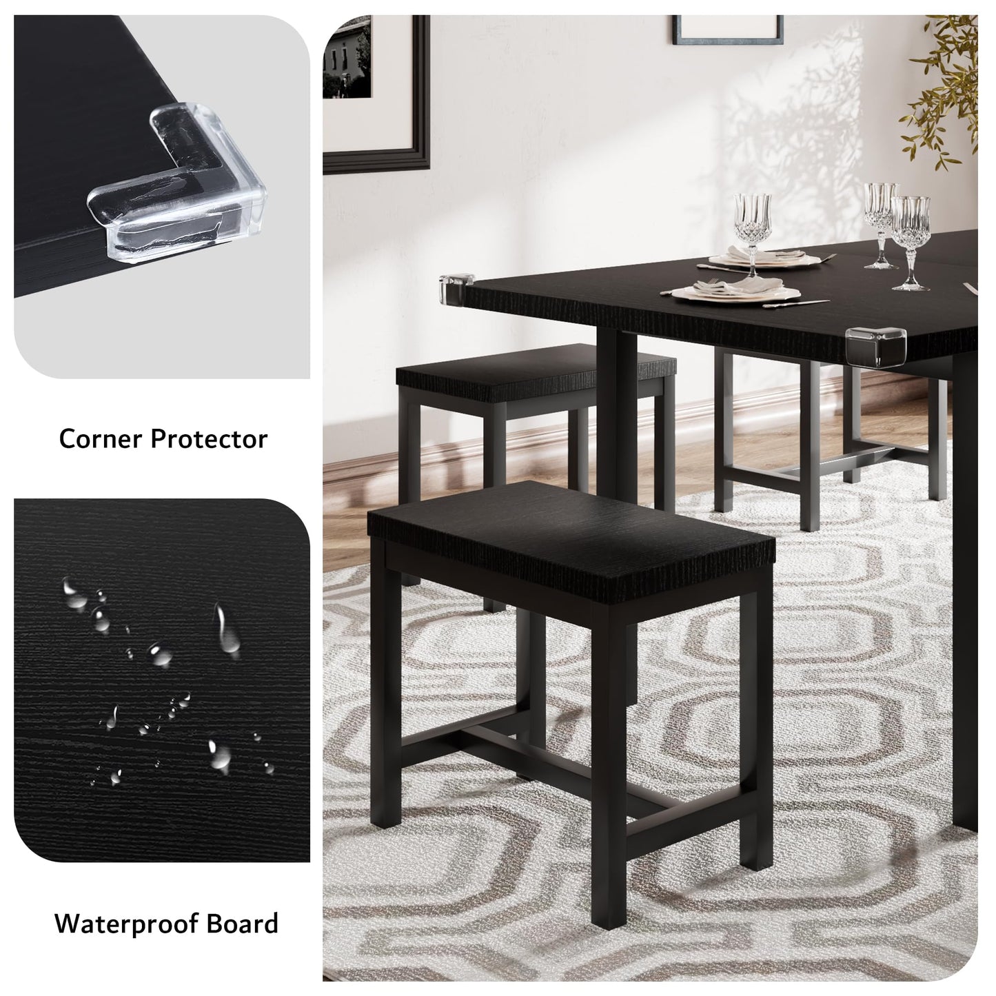 iPormis 7-Piece Extendable Dining Table Set with 6 Stools, 63" Kitchen Table Set for 4-8, Modern Dining Room Table with Sturdy Metal Frame, Space-Saving Dinette, Black