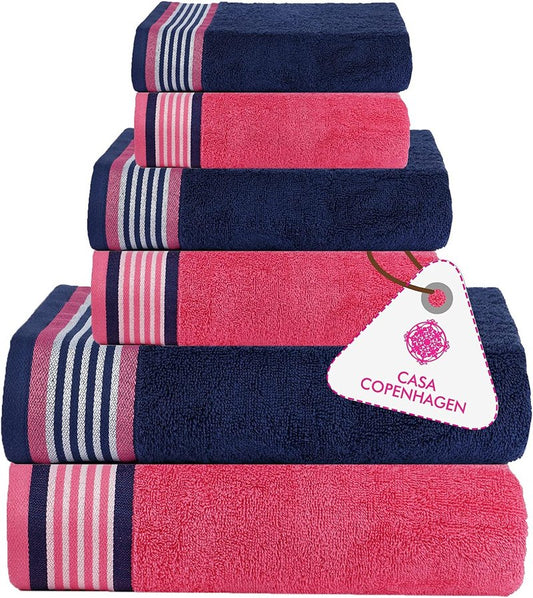 CASA COPENHAGEN He & She 6 Pieces Towel Set- Dutch Blue + Pink, 550 GSM 2 Bath Towel 2 Hand Towel 2 Washcloth, Designed in Denmark Made of Soft Egyptian Cotton for Bathroom, Kitchen & Shower