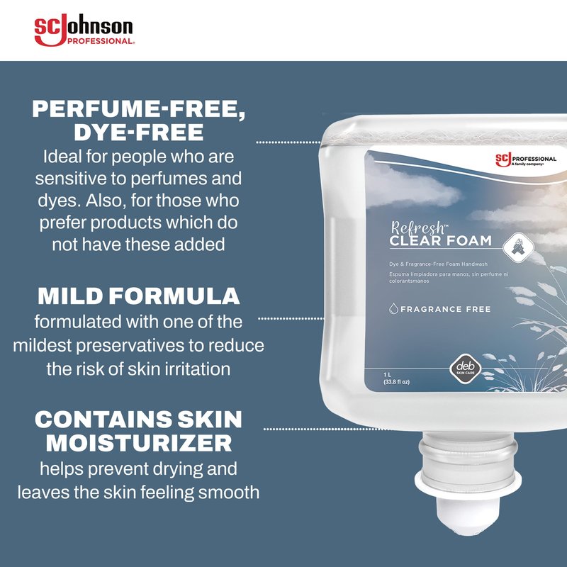 SC Johnson Professional Clear FOAM Dispenser and Refill Starter Kit, Wall Mount Soap Dispenser for Hand Soap, 1 Refresh Clear FOAM Hand Wash, 1 Liter Cartridge, 33.8 fl. oz., for Professional Use Only
