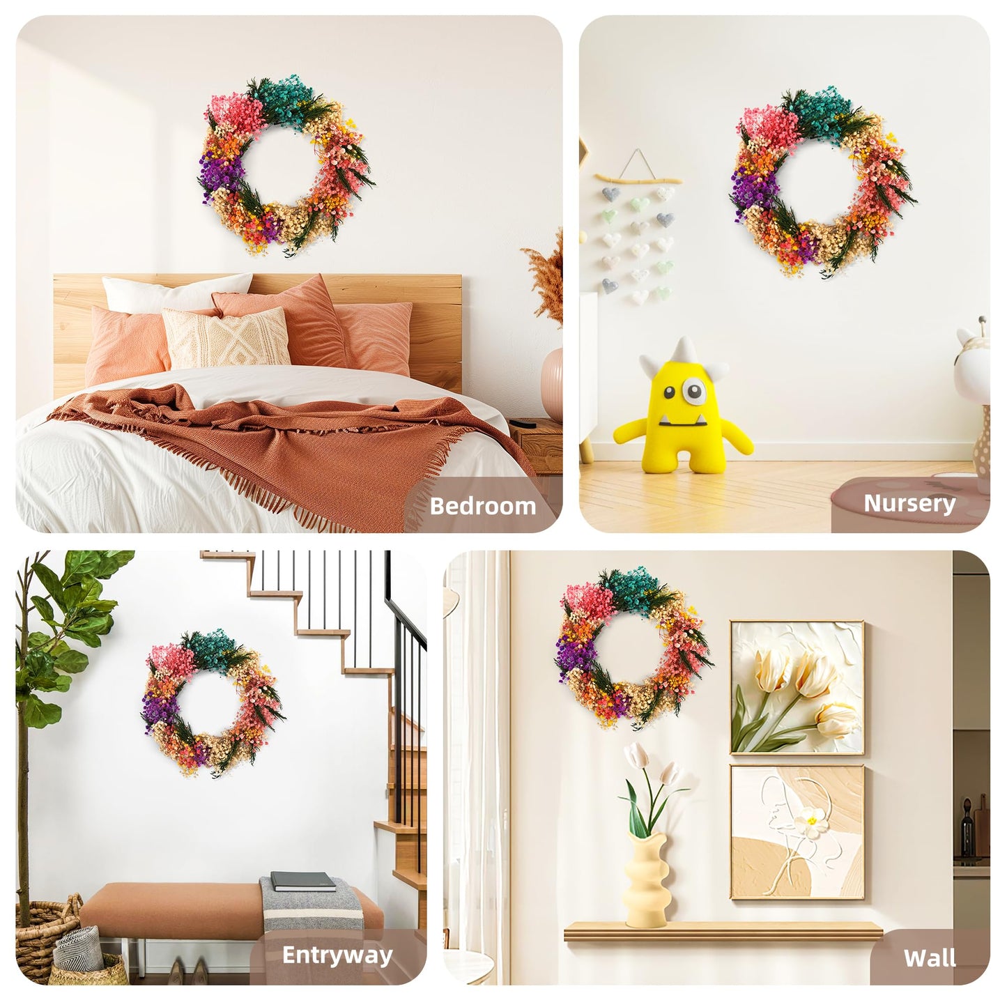 YZXZM 11 Inch Small Dried Flower Wreath – Handmade Baby’s Breath Spring Summer Wreath for Apartment, Nursery, Bedroom, Door & Wall Decor
