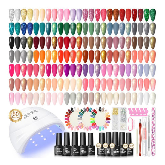 COSCELIA 60PC Gel Nail Polish Kit with U V light 55 Colors Gel Nail Polish Set 5PC Top Base Coat Glitter Rhinestones All Seasons French Manicure Starter Kit at Home for Women Girls