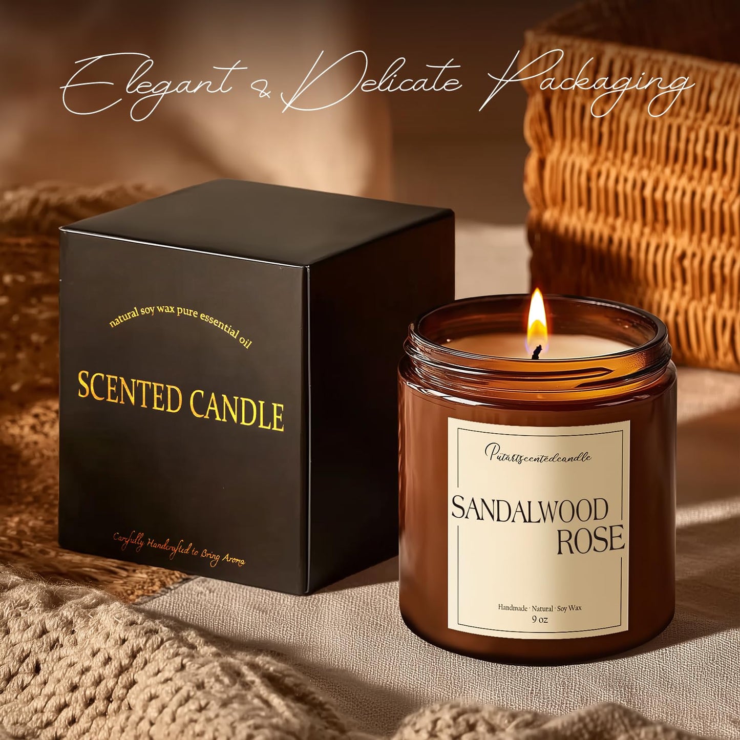 Putart Sandalwood & Rose Scented Candles for Home, Natural Soy Wax Aromatherapy Santal Rose Candle Gifts for Men & Women, Highly Scented & Long Lasting Non Toxic Jar Candle for Stress Relief (9oz)