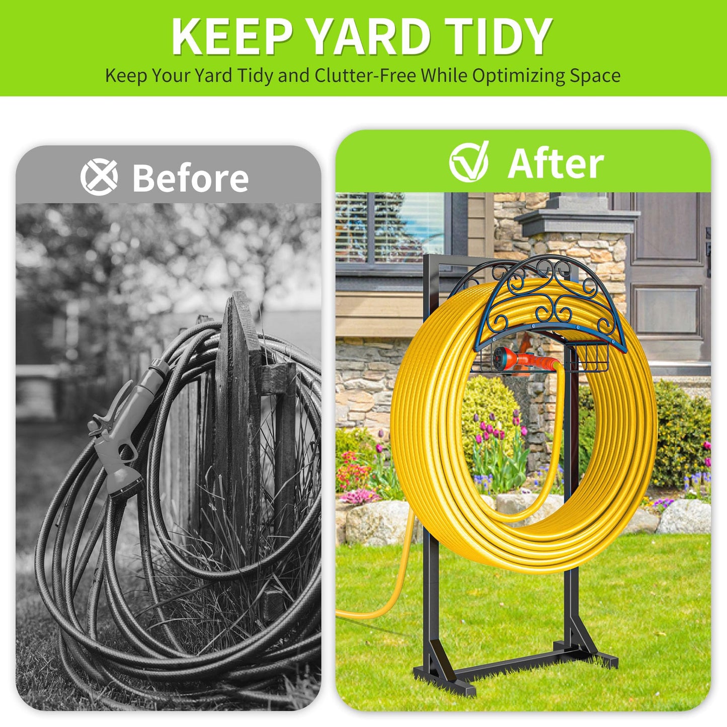 Silvonte Garden Hose Holder – Freestanding Water Hose Stand with Storage Basket, Sturdy Metal Hanger Heavy-Duty Garden Storage Rack for Outside, Supports 151FT