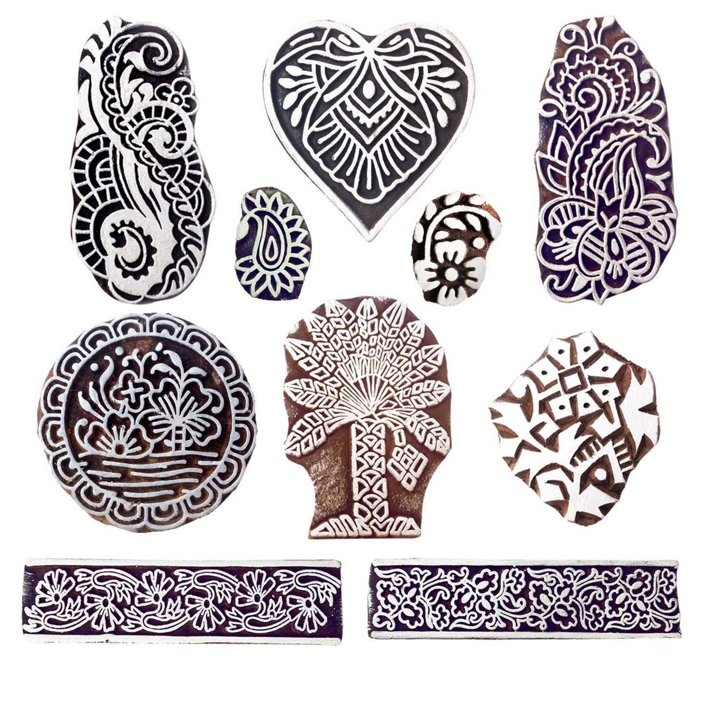 Royal Kraft Wooden Stamps for Block Printing on Saree Border, Textile, Clay, Pottery, Tattoo (Set of 10) MXtag0001