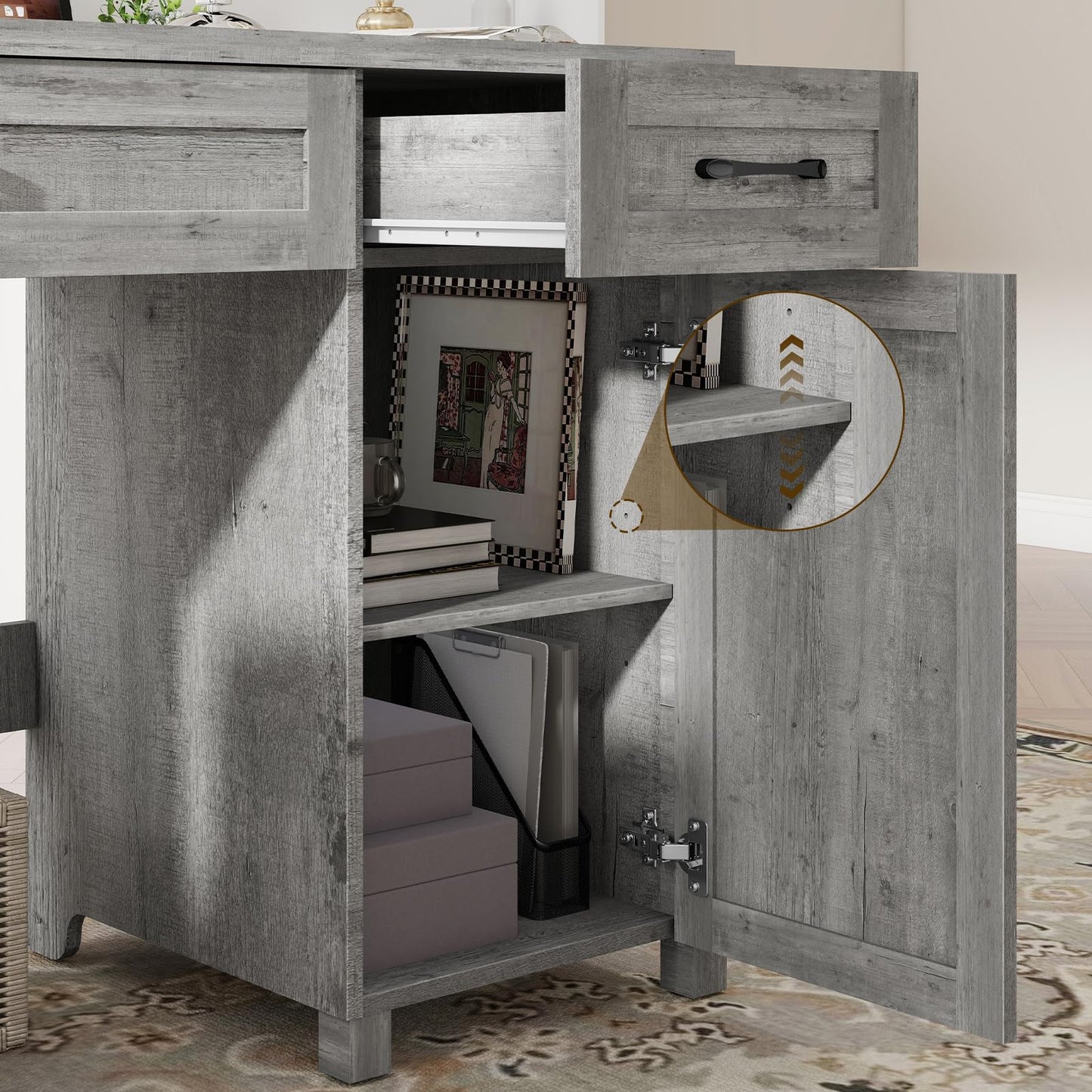 Befrases Farmhouse 47" Executive Desk, Computer Desk with Drawers and Storage Cabinet, Workstation for Home Office and Study.(Grey)