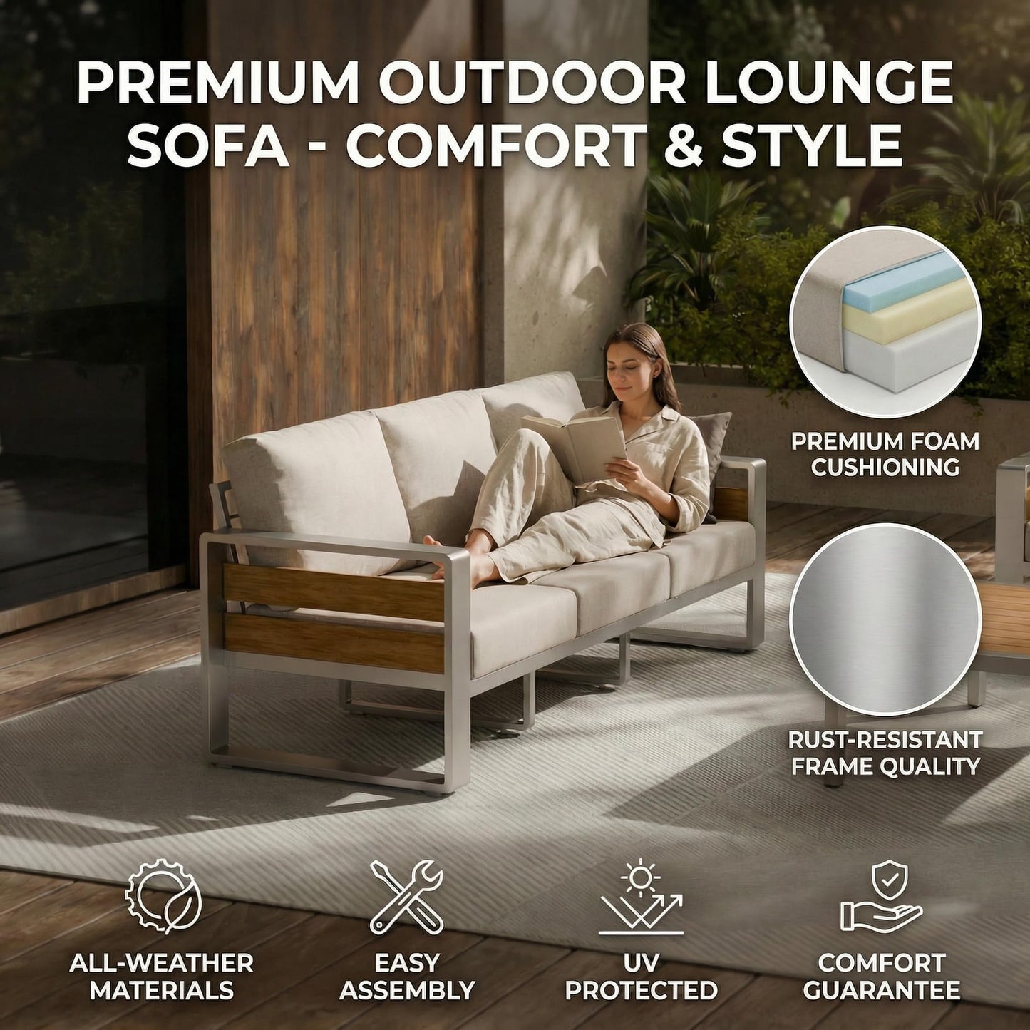 ZANDOR Aluminum Outdoor Patio Conversation Furniture Set, 5 PCS Metal Modern Outside Sectional Lawn Furniture with Coffee Table & Washable Thick Cushions,Seating Sofa for Garden/Backyard/Porch Silver