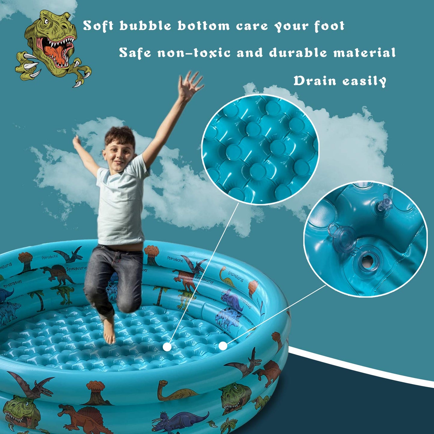 Dinosaur Inflatable Baby Pool - Small Toddler Blow Up 3 Rings Round Pad Pool, Outdoor/Indoor Play Center with Ball Pit & Toys - 48'x12'