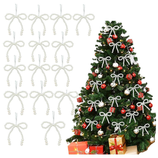 15 Pcs Pearl Bow Christmas Tree Ornaments - Christmas Tree Bead Bow Hanging Ornaments for Xmas Party Crafts, Suitable for Weddings， Gift Wrapping, Home Decoration(White)