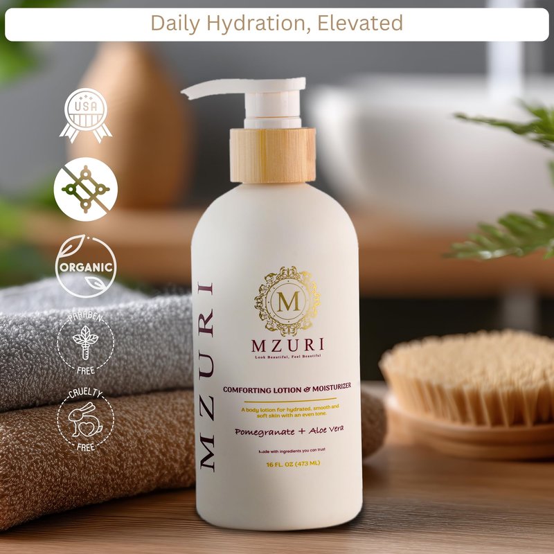 MZURI Body Lotion & Moisturizer – Pomegranate & Aloe Vera | Lightweight, Fast-Absorbing Hydrating Body Lotion for Dry, Sensitive Skin | Paraben-Free Daily Body Care | 16 fl oz