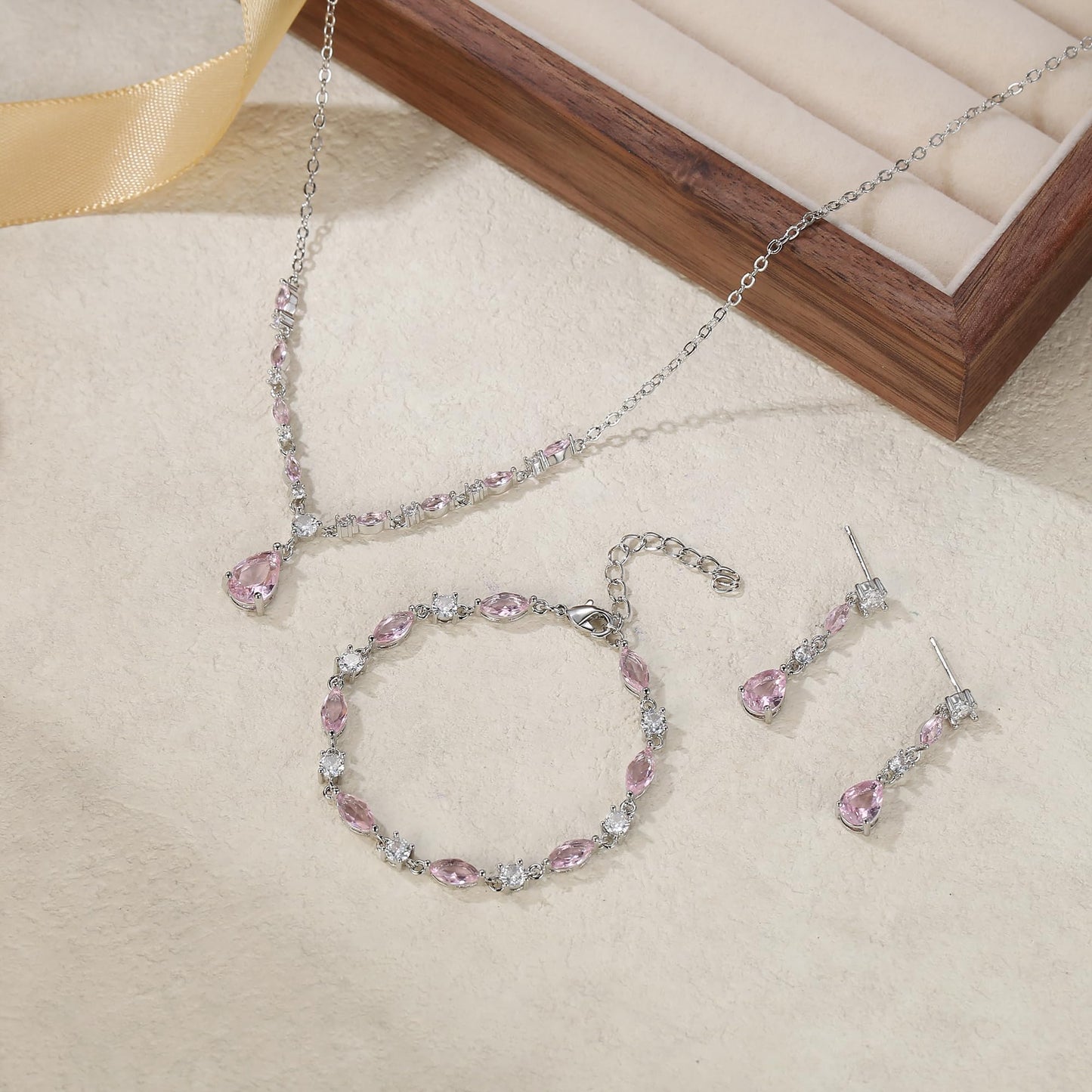 EVER FAITH Pink Cubic Zirconia Costume Party Jewelry for Women, Sparkly CZ Elegant Teardrop Wedding Necklace Dangle Earrings Bracelet Set for Bridesmaid