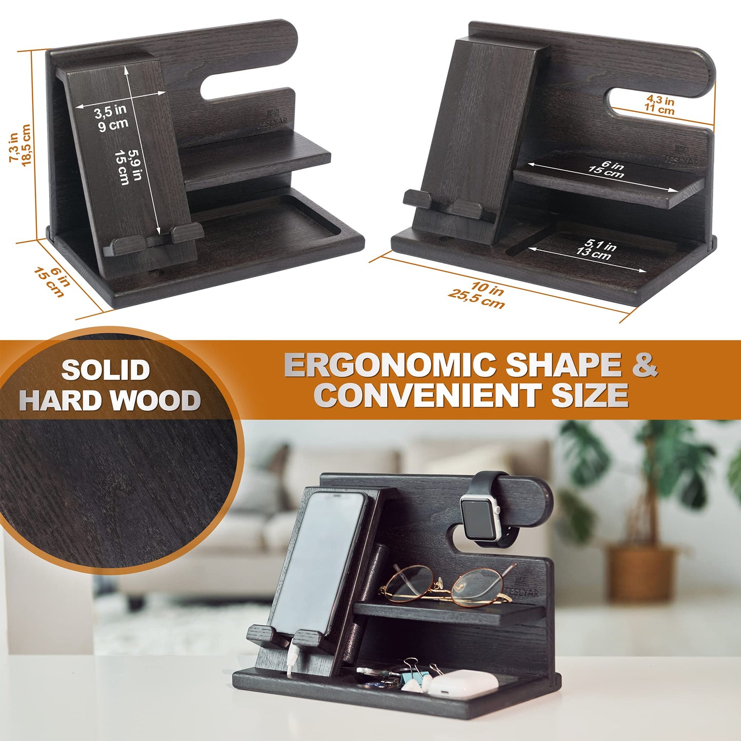 TESLYAR Wood Phone Docking Station for Men - Desktop or Nightstand Organizer - Birthday Gifts for Men, Dad - Anniversary Idea from Wife - Key Holder, Stand Wallet, Watch & Essentials (Granite Black)