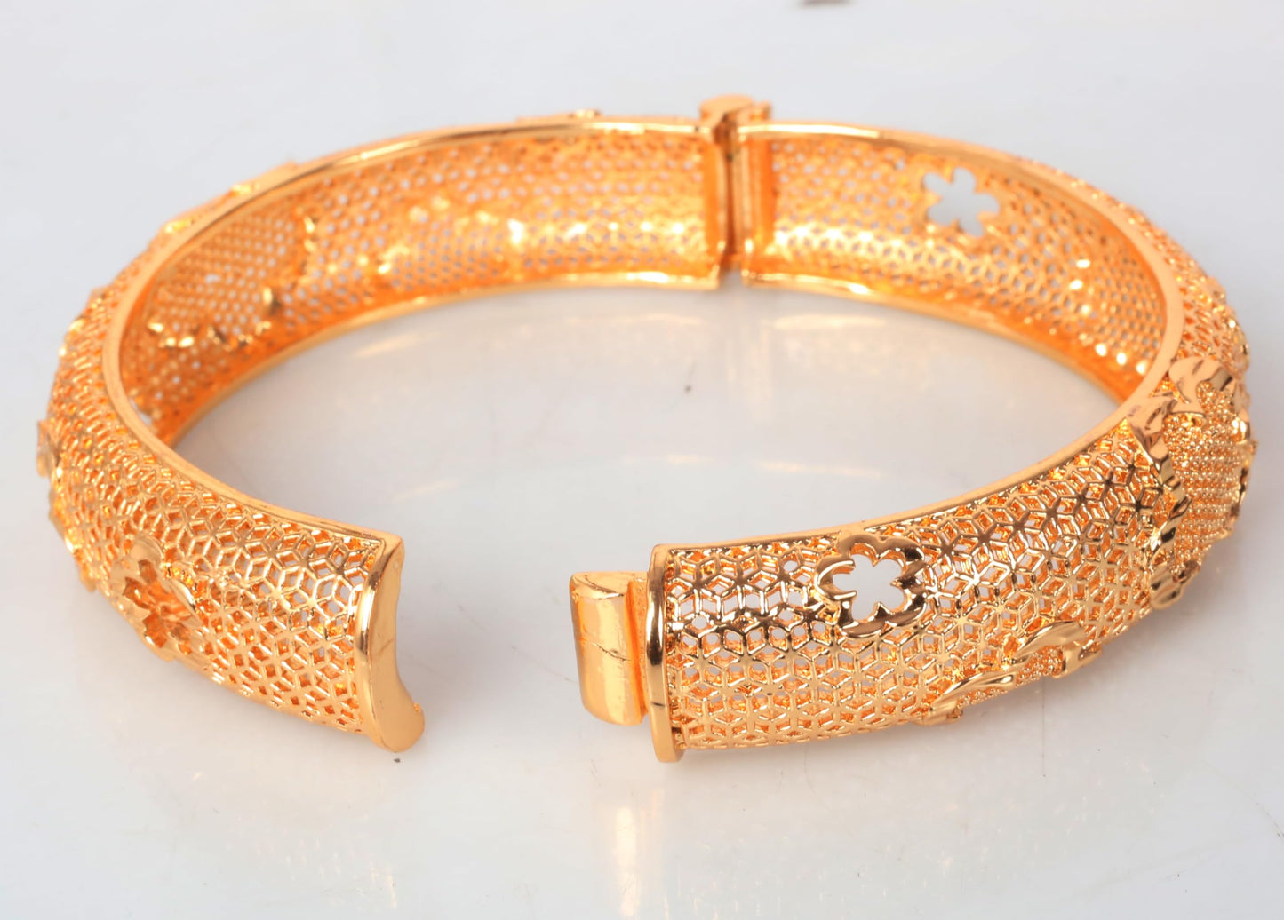Touchstone NEW Indian Bollywood Handcrafted Exclusive Mesh Floral Designer Jewelry Thick Openable Kada Bracelets Bangle. Set of 2. in Antique Gold Tone for Women.