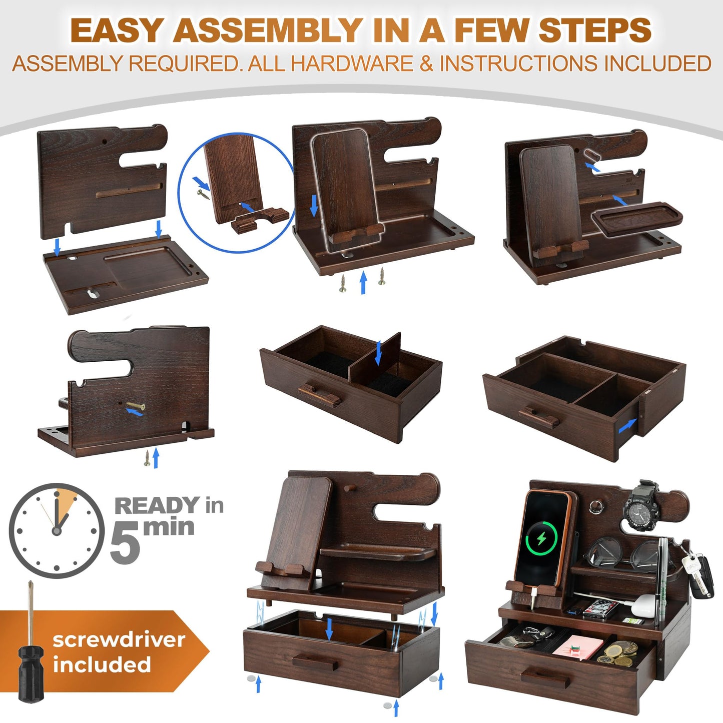TESLYAR Wood Phone Docking Station with Drawer - Nightstand Organizer - Desk Organizer for Husband - Birthday Gifts for Men, Dad, Anniversary, Key Holder Stand Watch, Accessories (Chocolate Brown)