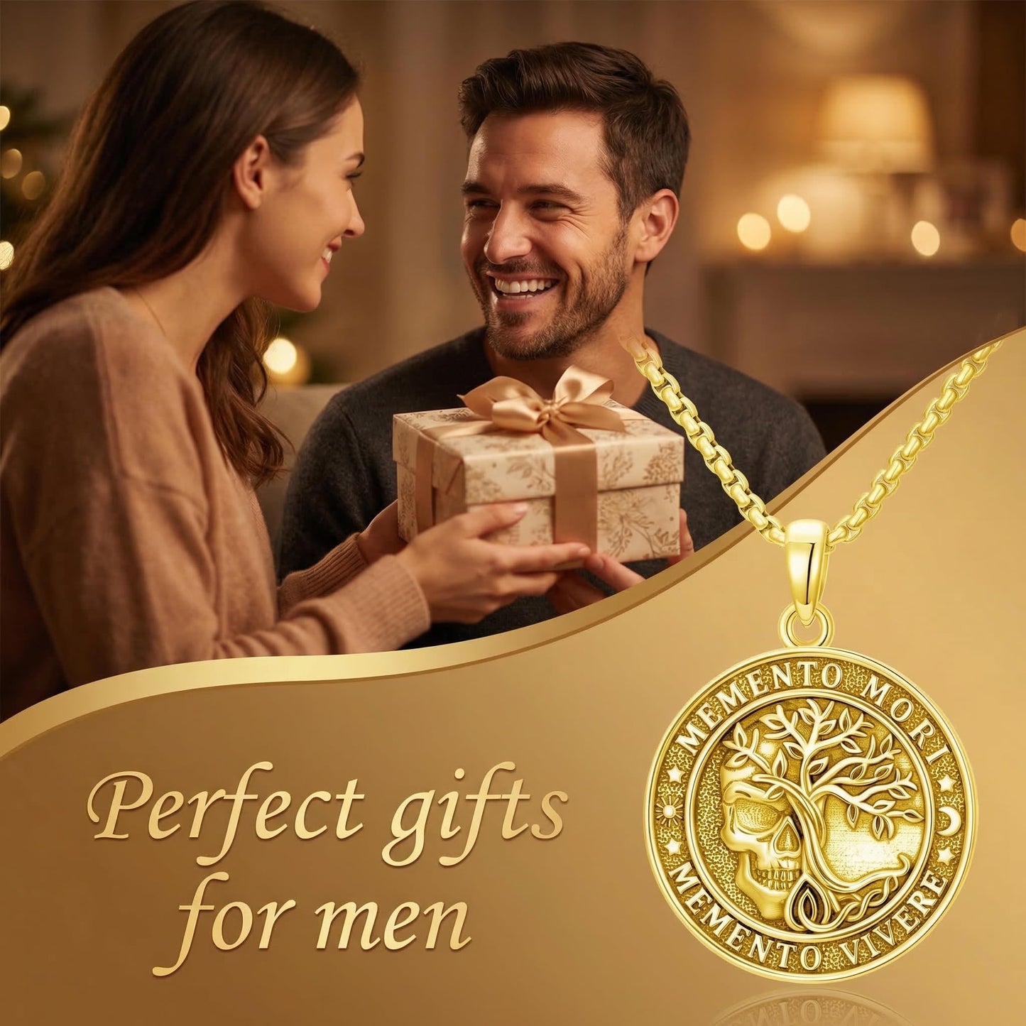POIUY Memento Mori Gold Skull Necklace for Men and Women Gothic Tree of Life Hourglass Pendant Gothic Amulet Jewelry Protection Necklace Gift for Him Her Husband Wife