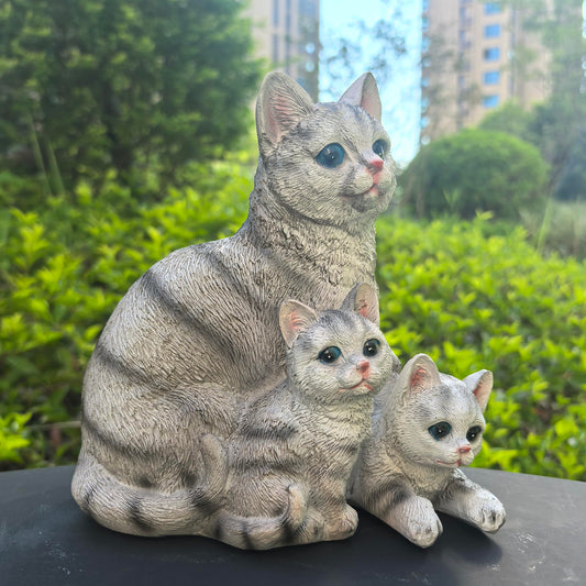 Ahbuohe Mama Cat and Kitten Garden Statue,Outdoor Lawn Decorative Figurine Grey Cat Statue for Patio Yard,Funny Animal Flower Bed Decor Art Sculpture