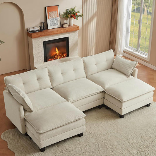 Amsleekey Modular Sectional Sofa, 111.5" U-Shaped Corduroy Comfy Sectional Couches for Living Room, 3-Seater Cloud Couches with 2 Movable Ottomans, Flexible Combination Modern Deep Seat Sofa (Beige)