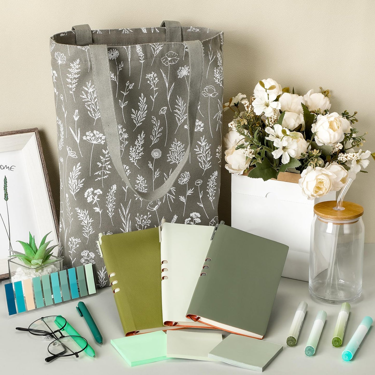 Yiyiring 18 Pcs Sage Green Office School Study Supplies Aesthetic Stationery Set Glass Cup Canvas Tote Bag A6 Leather Journal Notebook Green Sticky Notes for Women Book Lover Librarian Graduation Gift