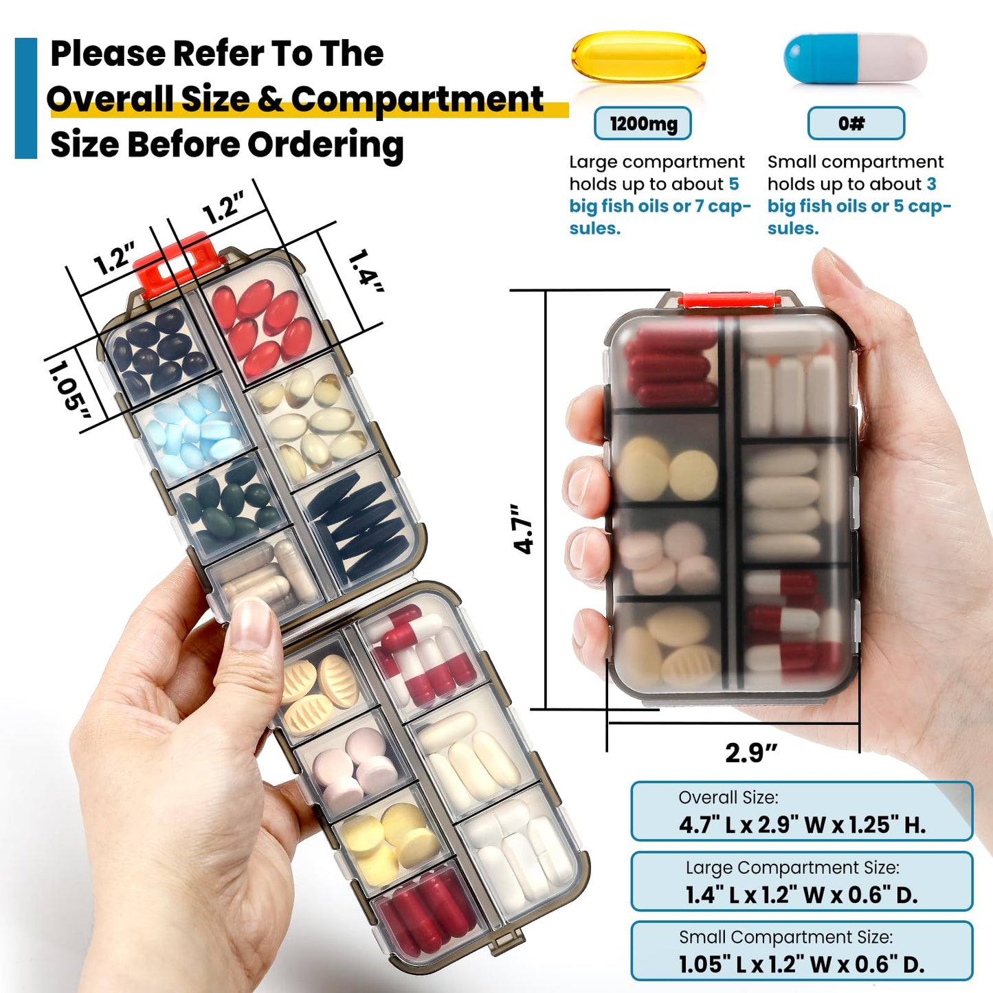 14 Grids Travel Pill Organizer Box with 415-Pcs Medicine Name Labels - Pocket Daily Pharmacy Case Container Kit - Travel Medication Holder Dispenser for Fish Oil Vitamin Supplement Storage -Clear Grey