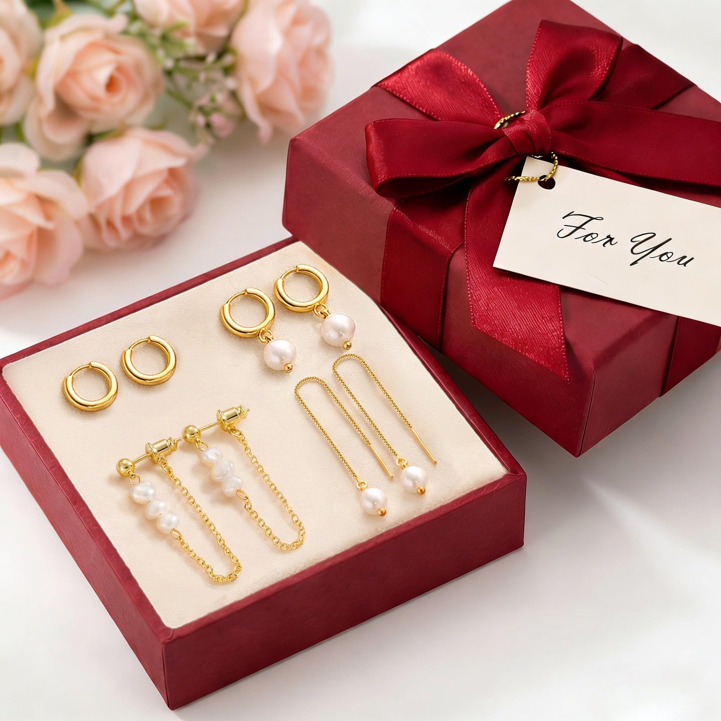 Gold Pearl Hoop Earrings for Women Non Tarnish – 14K Gold Plated Hypoallergenic Huggie Dangle Drop Earrings Set for Multiple Piercings & Cartilage, Trendy Jewelry Gift