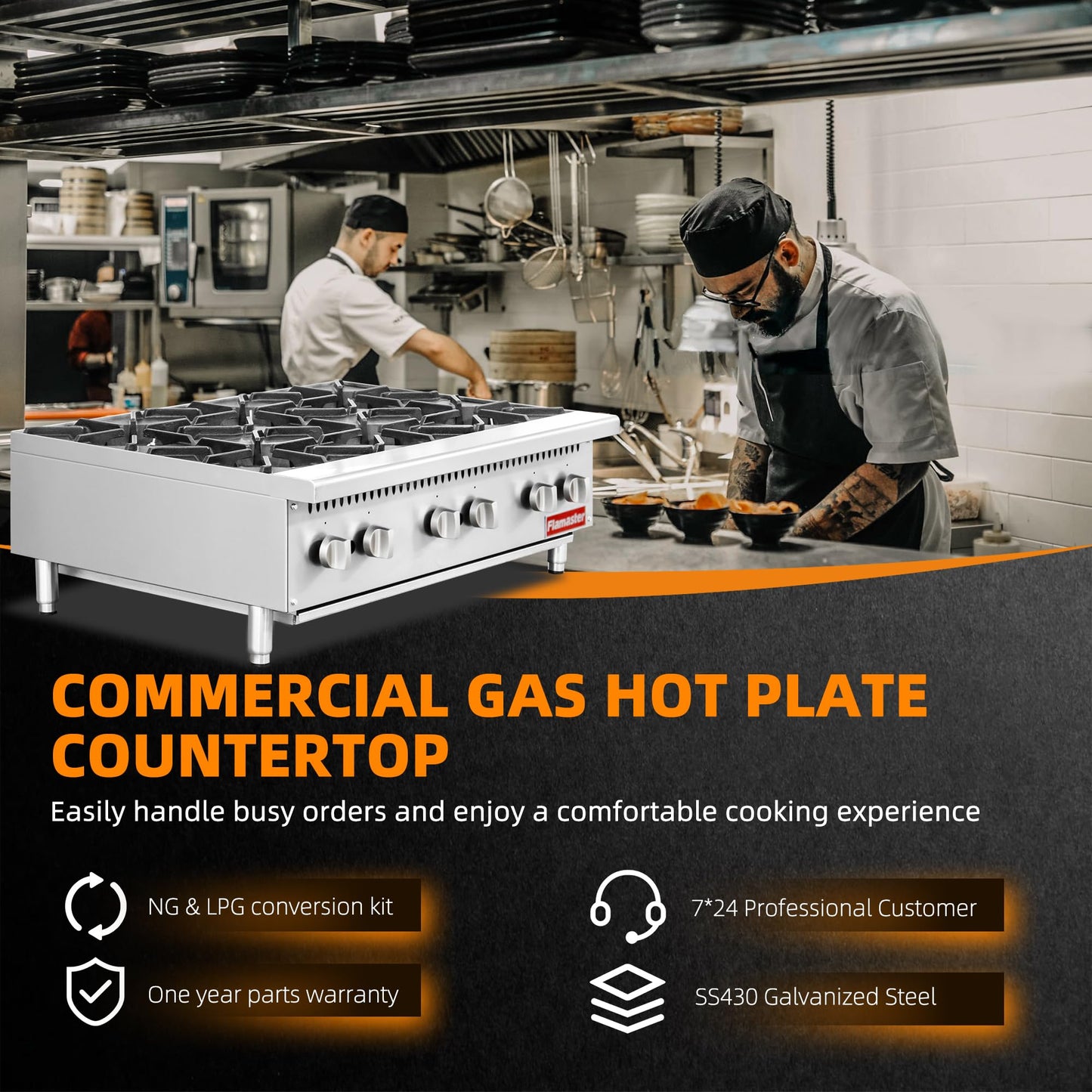 6 Burner Commercial Hot Plate, 36" Countertop Gas Stove Stainless Steel Natural Gas Range with Propane Conversion Kit Cooking Equipment for Restaurant Kitchen-150000 BTU