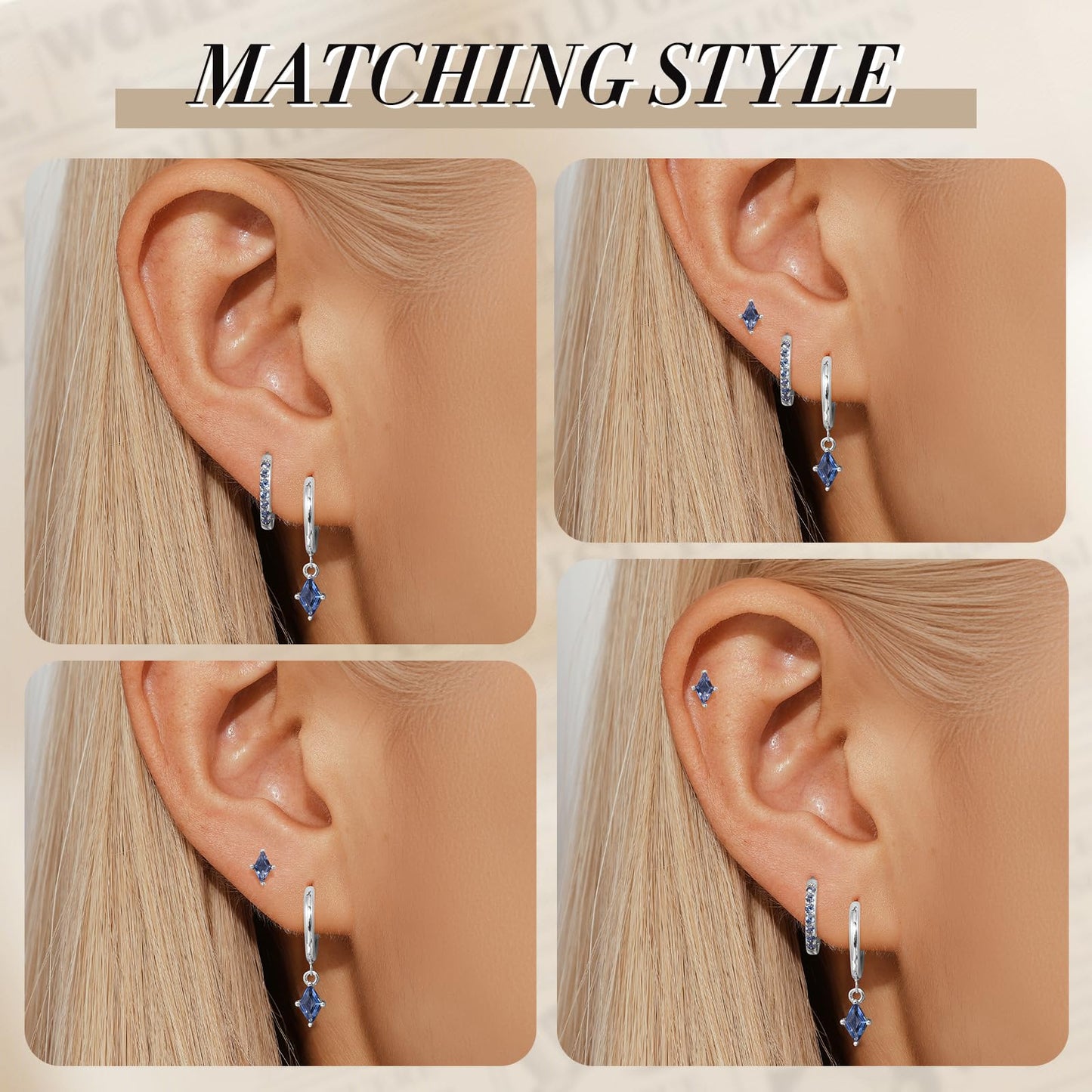 925 Sterling Silver Earrings Set for Women, Dainty Silver Cartilage Huggie Hoop Earring, Hypoallergenic Earrings Trendy Small Silver Earring Stacks for Multiple Piercing, Blue CZ Earring for Women