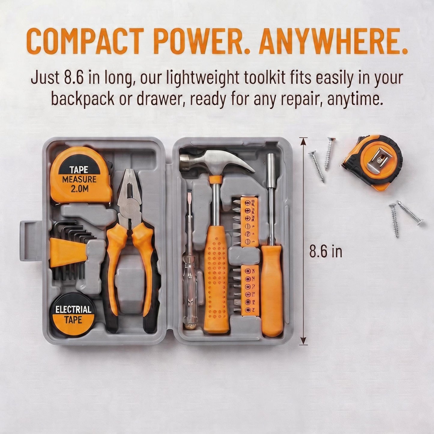Tool Kit, 8 Piece Home Repair Set with Tape Measure, Hex Keys, Pliers, Hammer, Screwdrivers, Electrical Tape, Gray Case (Green)