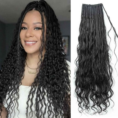 NFHair Crochet Boho Box Braids With Human Hair Pre-Looped Synthetic Braiding Goddess Braids Double Drawn Curly Full Ends Hair Extensions For Women Natural Color 1Pack/40 Stands 14Inch
