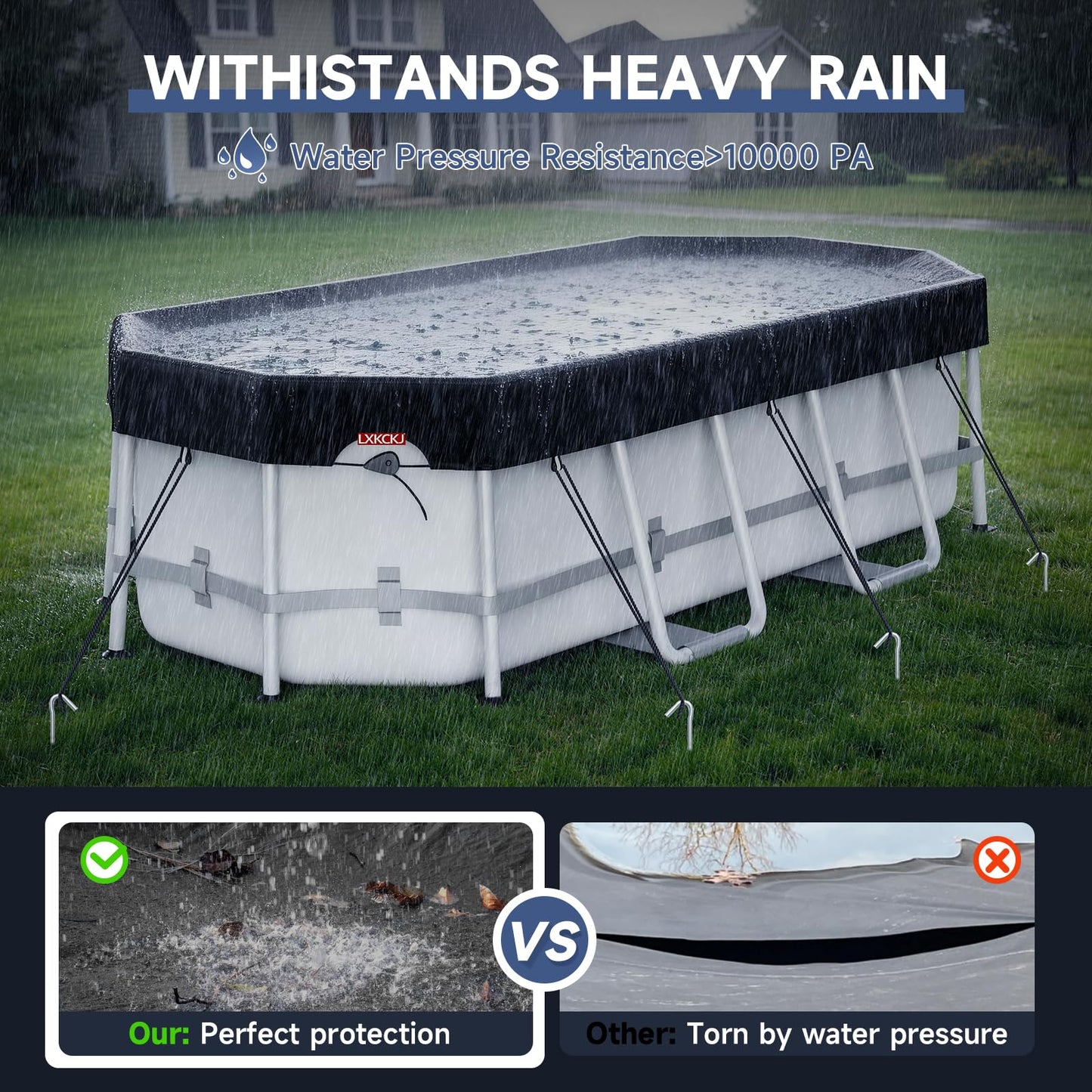 LXKCKJ 8x14 FT Rectangular Pool Cover for Above Ground Pool, Solar Oval Pool Cover Protector, Winter Pool Cover with Accessories Set Ideal for Cold and UV Resistant, Dustproof (Black)
