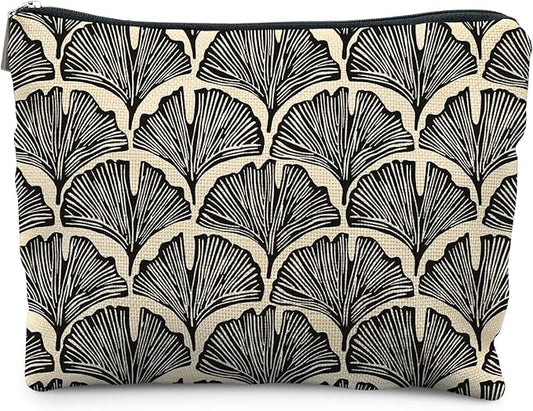 Abstract Black and Beige Makeup Bag, Art Deco Feather Palm Botanical Cosmetic Bags for Women, Mid Century Modern Art Zipper Makeup Pouch