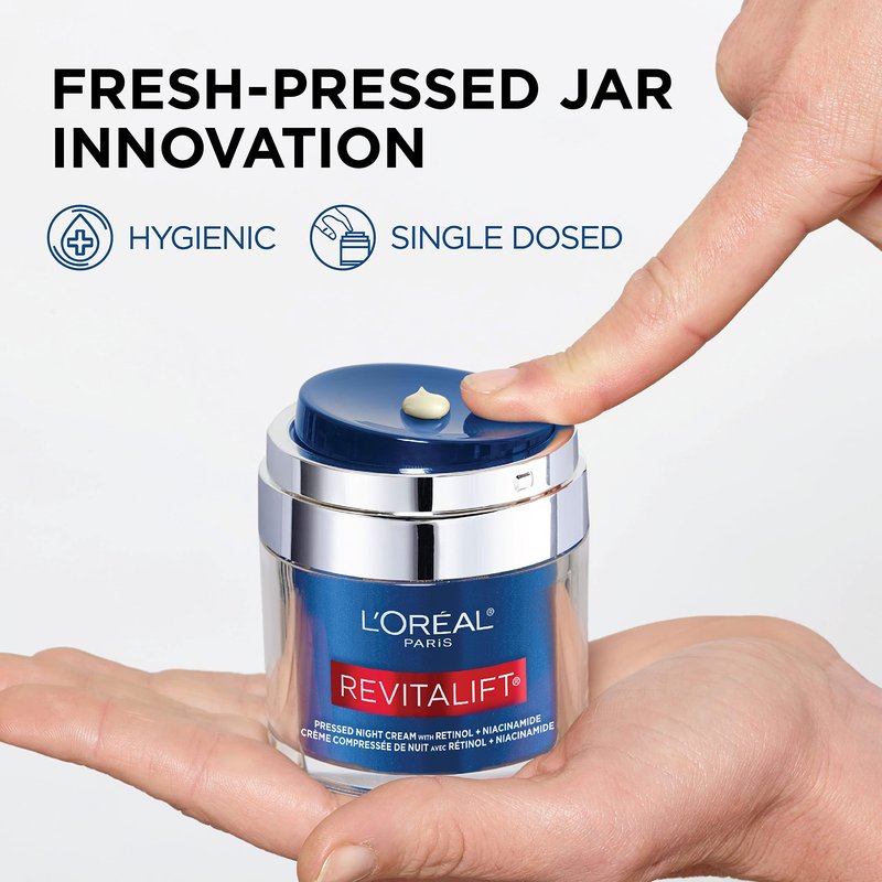 L'Oreal Paris Revitalift Pressed Night Cream, Retinol + Niacinamide, Reduces Wrinkles, Fragrance Free, 1.7 oz + Serum Sample