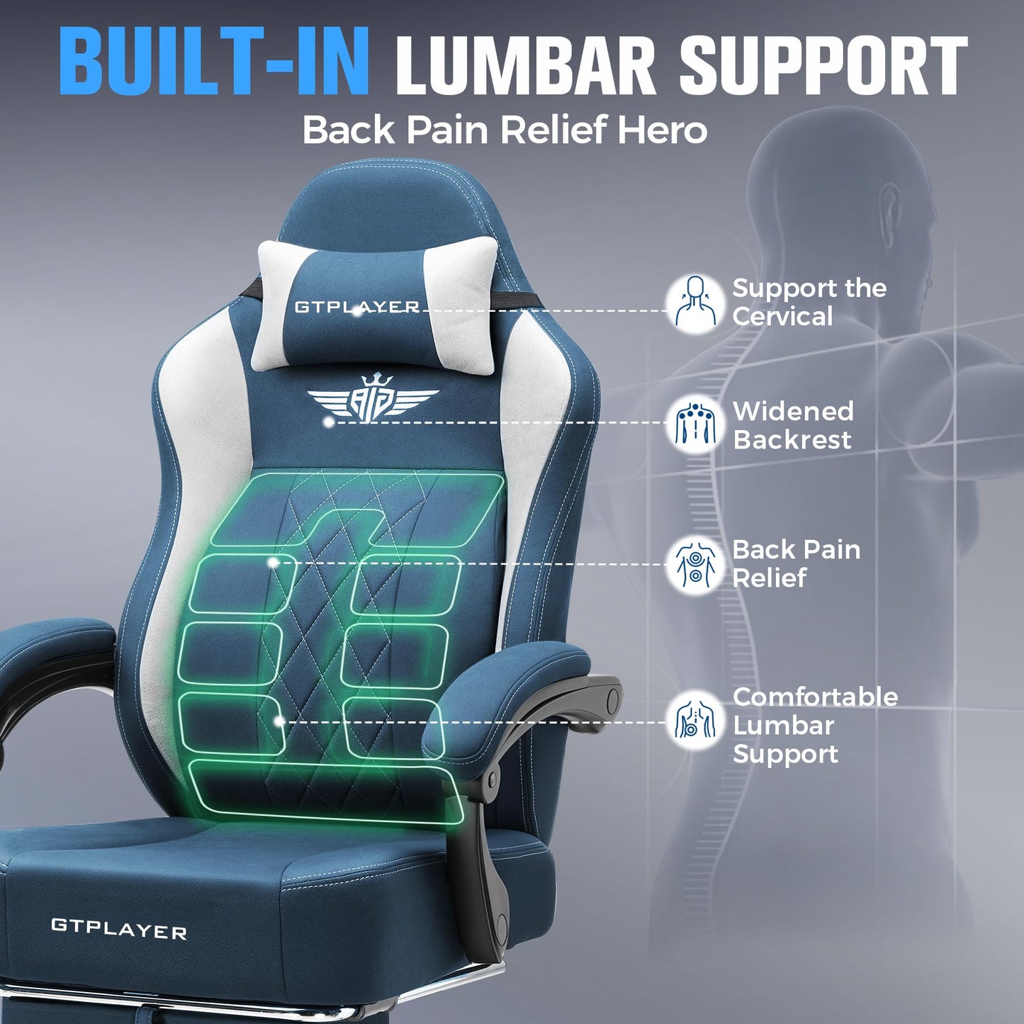 GTPLAYER Big and Tall Gaming Chair Breathable Fabric Computer Chair with Strong Lumbar Support, Comfortable Office Chairs with Pocket Spring Cushion, High Back Ergonomic Desk Chairs with Footrest