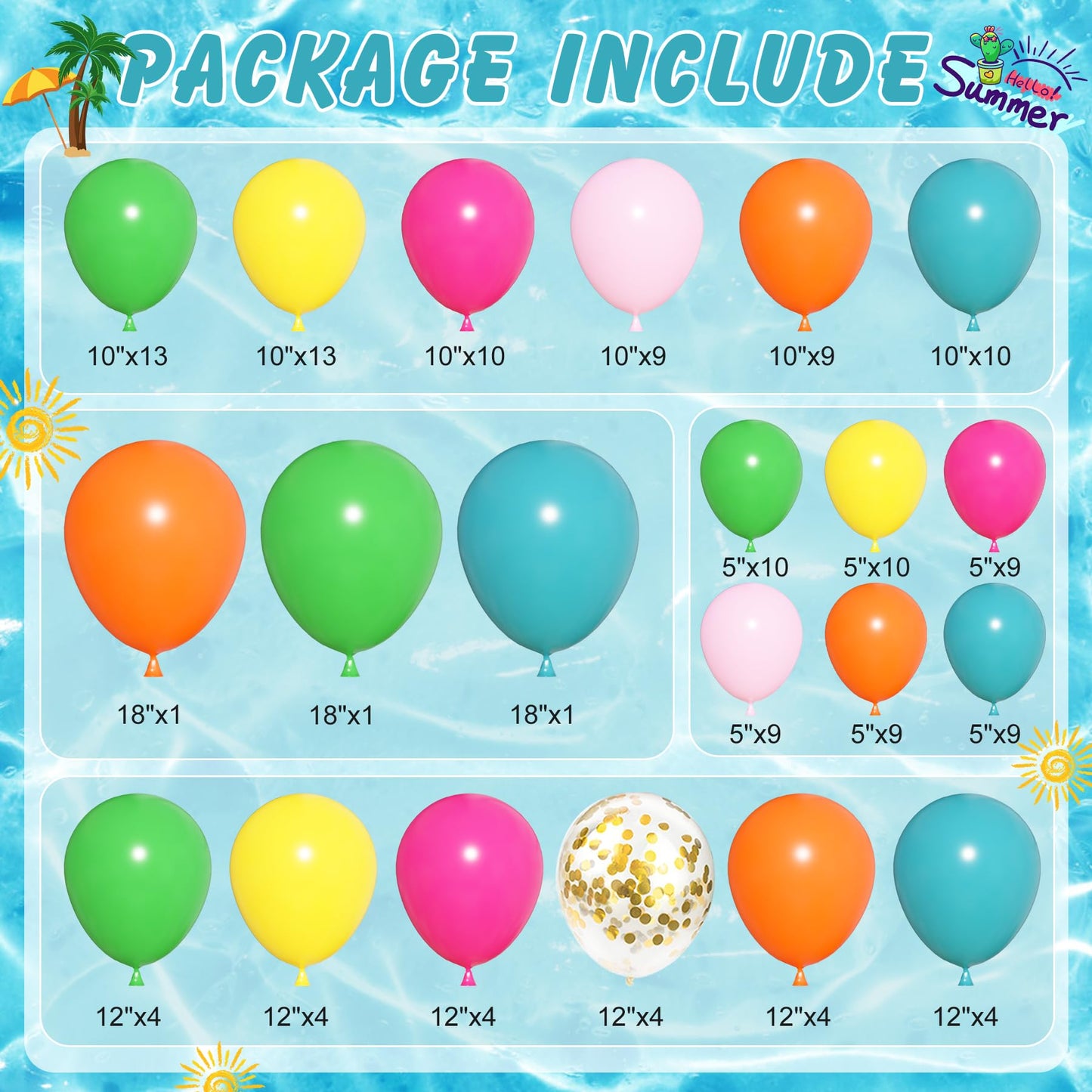 Amandir 165Pcs Summer Aloha Tropical Balloon Arch Garland Kit, Hot Pink Green Orange Blue Yellow Foil Coconut Sun Palm Leaves Neon Rainbow Balloons for Hawaiian Luau Pool Birthday Party Decorations