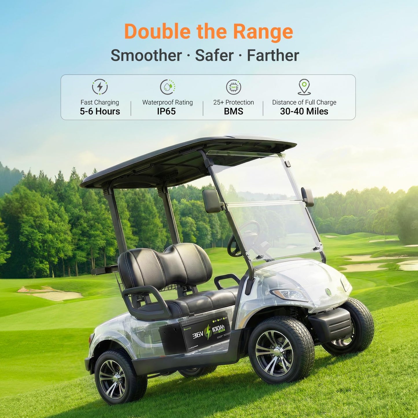 36V 100Ah Lithium Golf Cart Battery, 36V LiFePO4 Battery, Built-in 200A BMS, Golf Cart Batteries with Bluetooth APP & LCD Monitor, 43.8V 20A Charger, Max with 7.68kW Output, 1000A Peak Current