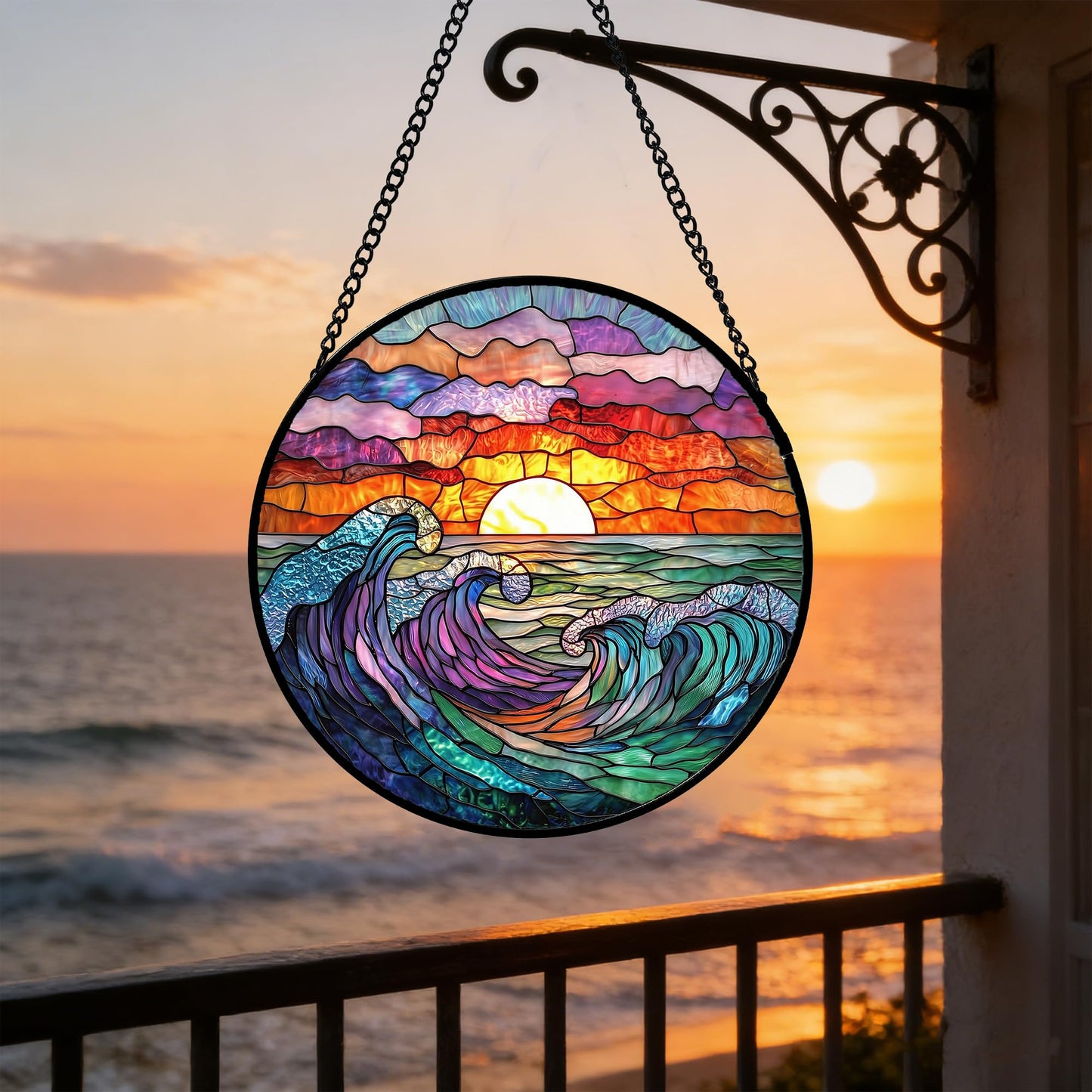 DASTOLL Stained Glass Window Hanging, Clouds and Sea Waves Suncatcher Diamond Glass Panel Hangings Scenery Sun Catchers Decor for Birthday for Women, Men, Wife, Aunt, and Mom 9.8 in