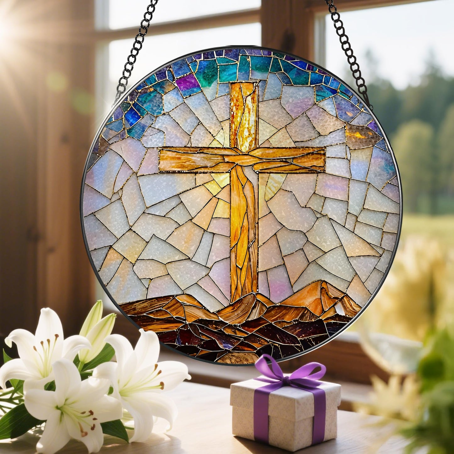 8-Inch Catholic Cross Stained Glass Suncatcher, Stained Glass Window Hanging, Religious Ornament, Christian Home Decor, Sun Catcher Window Decor — Gift for Christmas, Christian Gifts, Religious Gifts
