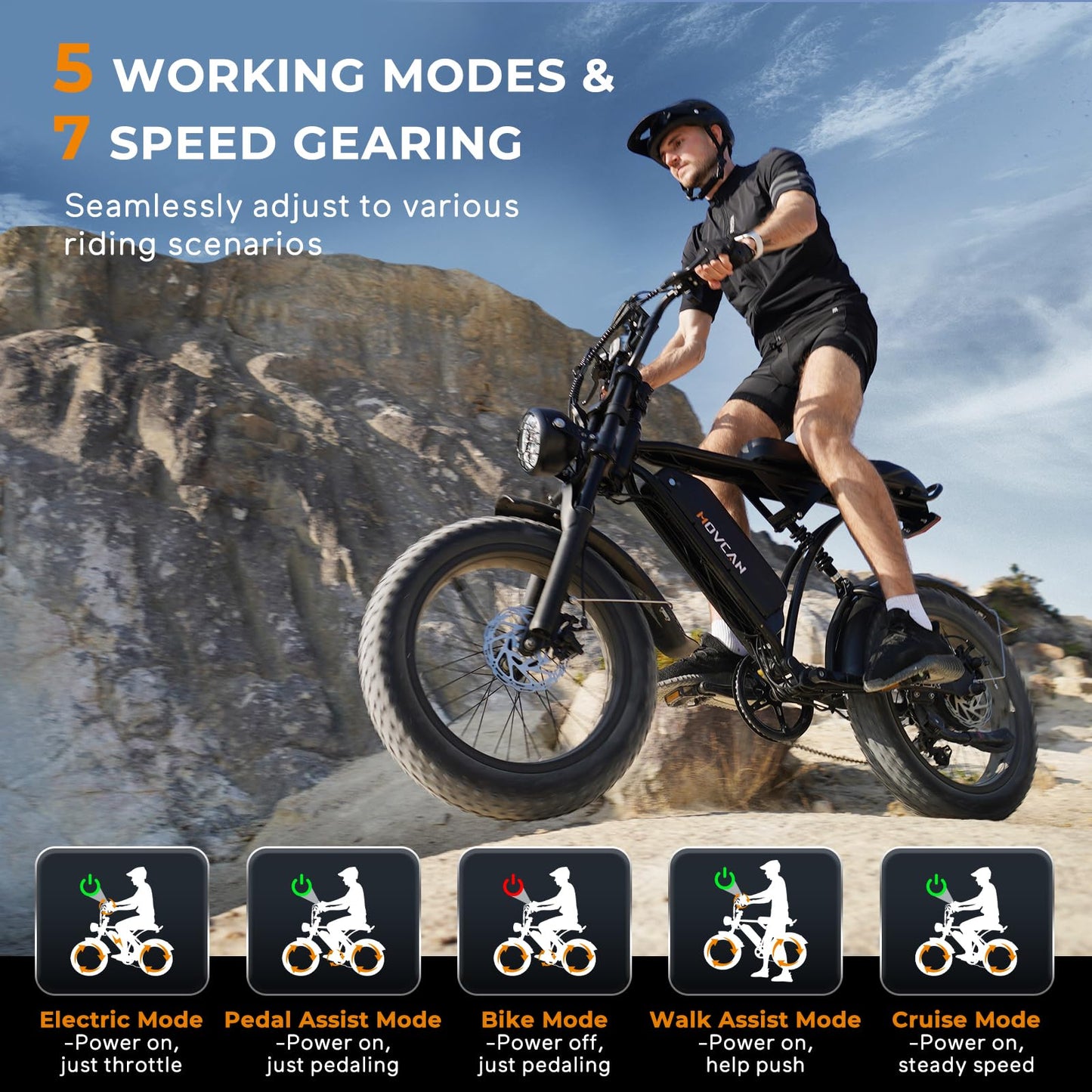 Movcan V60/V60 Pro Electric Bike, 48V 15.6/18.2Ah Removable Battery 20” Fat Tire Electric Bike, 1000/1500W Motor 30/33MPH Top Speed Electric Motorcycle, for Commute/Offroad/School/Rain/Snow Riding.
