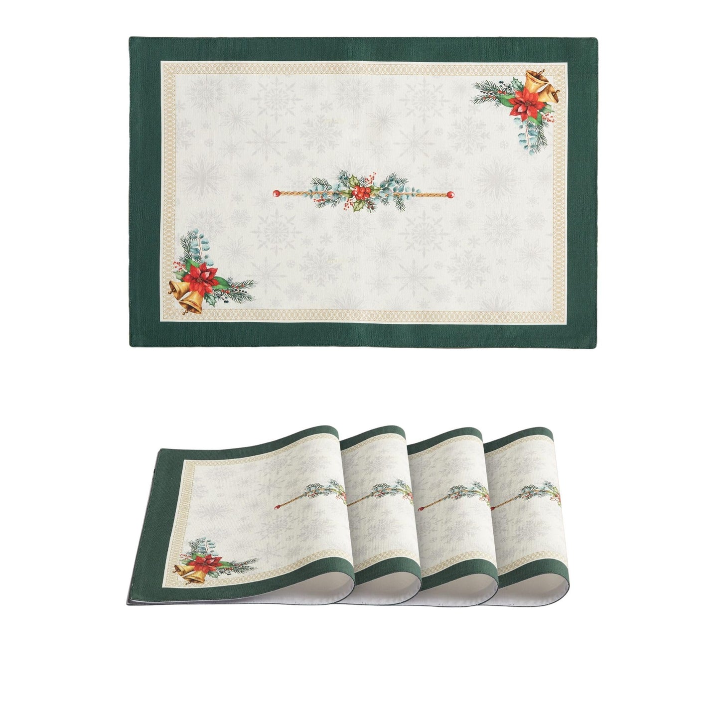 Christmas Placemats Set of 4 – 100% Canvas Cotton, Green Gold & White Floral Screen Print, Holiday & Winter Table Mats, 14x19 Inch, Washable Reusable, Gift-Boxed Sustainable Dining & Kitchen Christmas