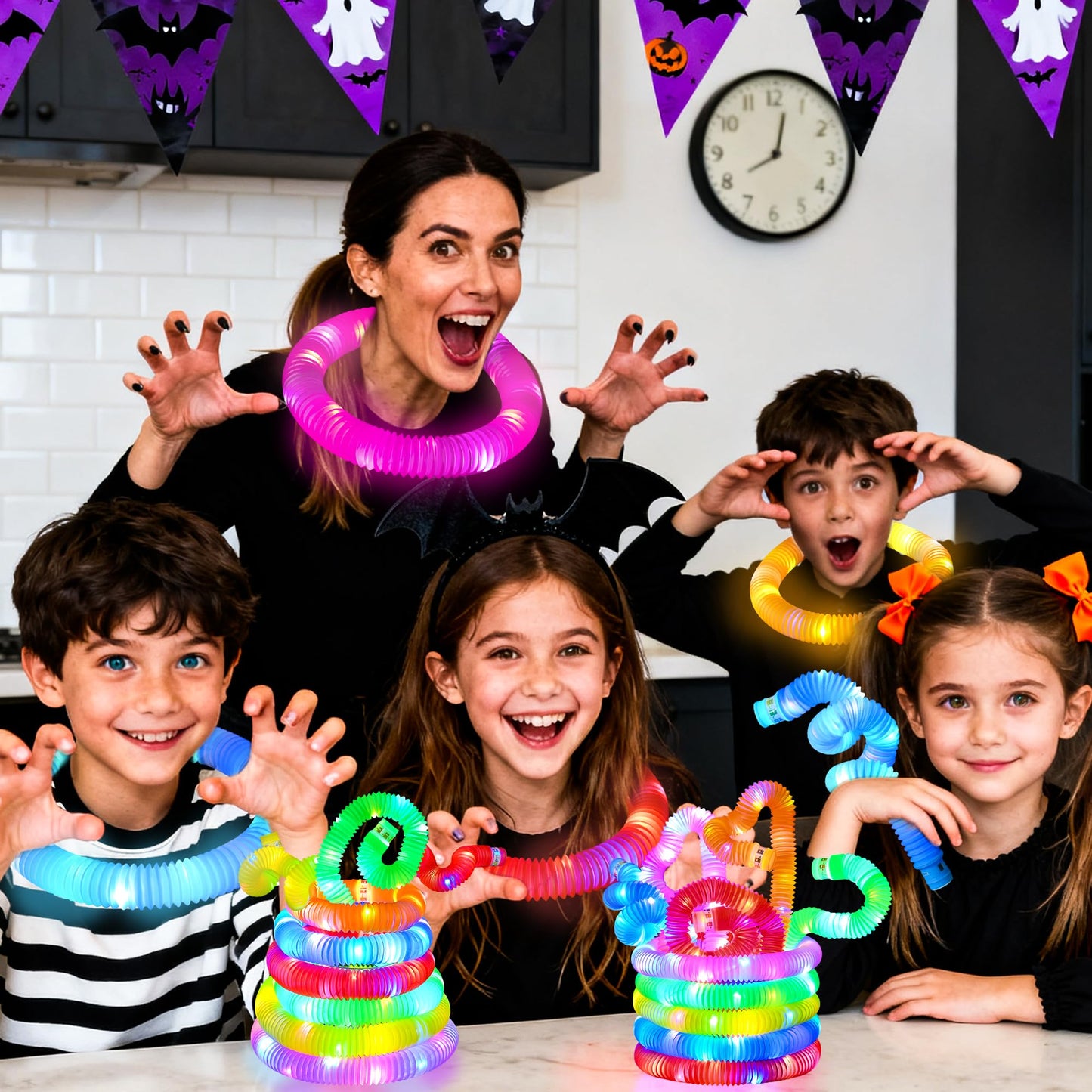 AUTOKAKUM Halloween Glow Sticks Toys for Toddler Kids,24 pcs LED Light Up Pop Tubes Necklaces Bracelets, Camping Glow the Dark Party Supplies, Sensory Toys for Birthday Christmas Gift (24 pack)