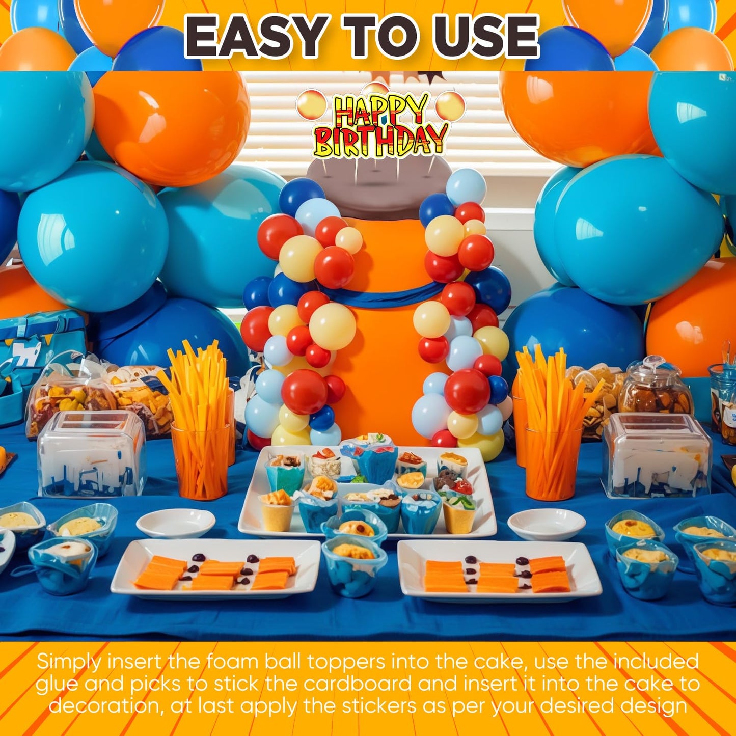 Weysat 76 Pcs Anime Theme Birthday Party Decorations Yellow and Red Stars with 64 Ball Cake Topper Sticks 8 Cake Customized Card Kit 4 Stickers for Anime Themed Birthday Party Cupcake Decoration