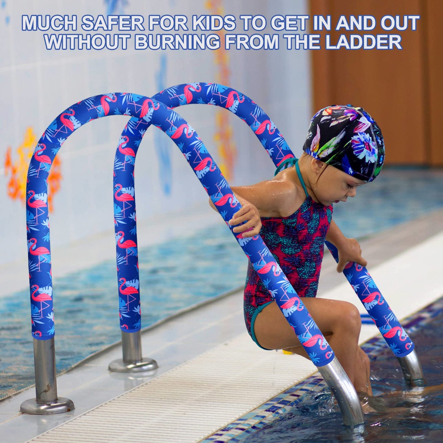Junkin 2 Pcs Pool Railing Covers 4 ft Slip Resistant Handle Rail Grip Covers Flamingo Zip Style for Swimming Inground Pools Handrail