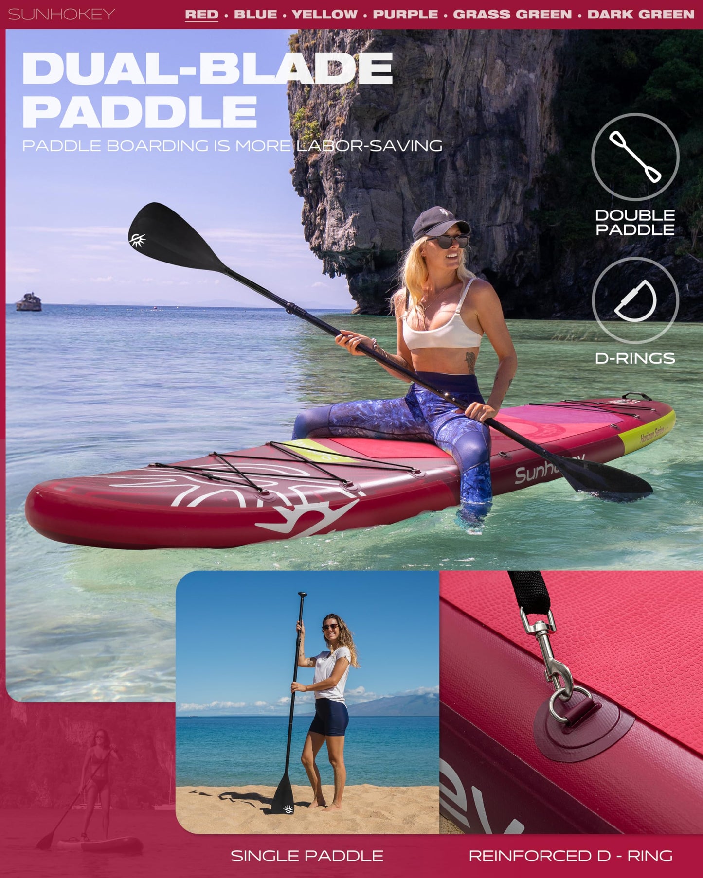 SUNHOKEY 11'×34'' Extra Wide Inflatable Paddle Board with Seam Welded Technology, Stand Up Paddle Board, 420lb Capacity for Adults, Sup Board for All-Level with 2-Blade Paddle/Dual-Action Pump/Leash