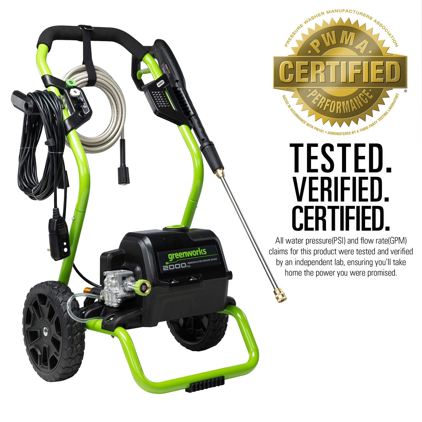 Greenworks 2000 PSI (13 Amp) Electric Pressure Washer (Wheels For Transport / 20 FT Hose / 35 FT Power Cord) Great For Cars, Fences, Patios, Driveways
