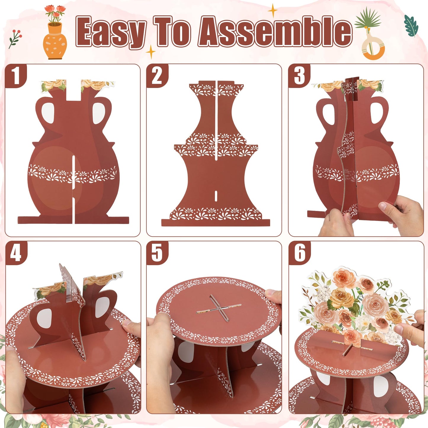 ANGOLIO De Barro Mexicanos Cupcake Stand Party Supplies - 3 Tier Mexican Flower Birthday Cupcake Tower Taco Dessert Holder Display Party Decorations for Wedding Baby Shower Birthday Fiesta (Brown)