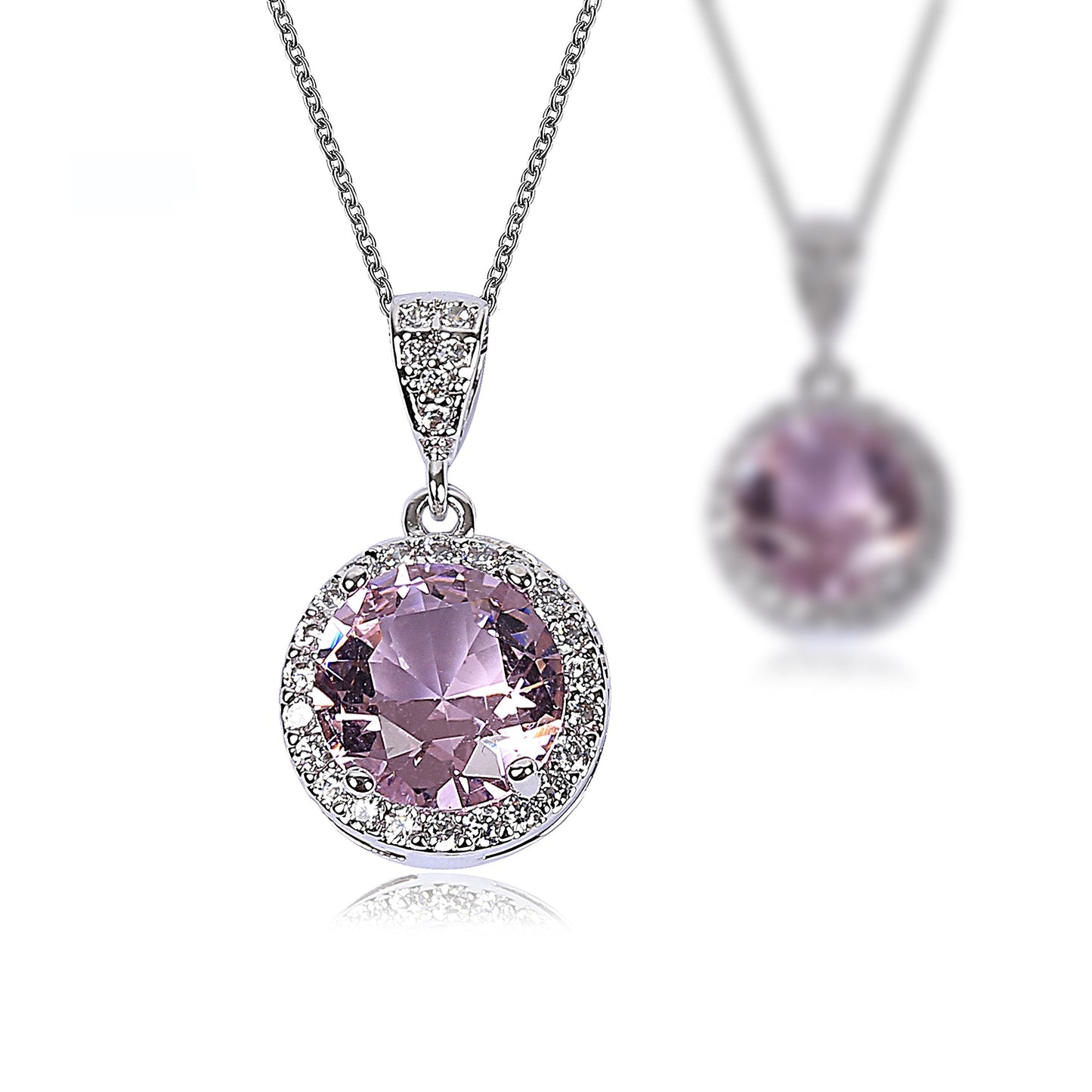 AMYJANE Bridal Jewelry Set for Women - Sterling Silver Round Pink Crystal Cubic Zirconia Pendant Necklace Earrings Set for Wedding Bride Bridesmaids Party Prom Valentine's Day Jewelry Accessories